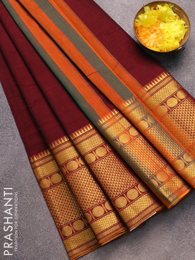 Narayanpet cotton saree maroon and mustard yellow with plain body and long zari woven border - {{ collection.title }} by Prashanti Sarees