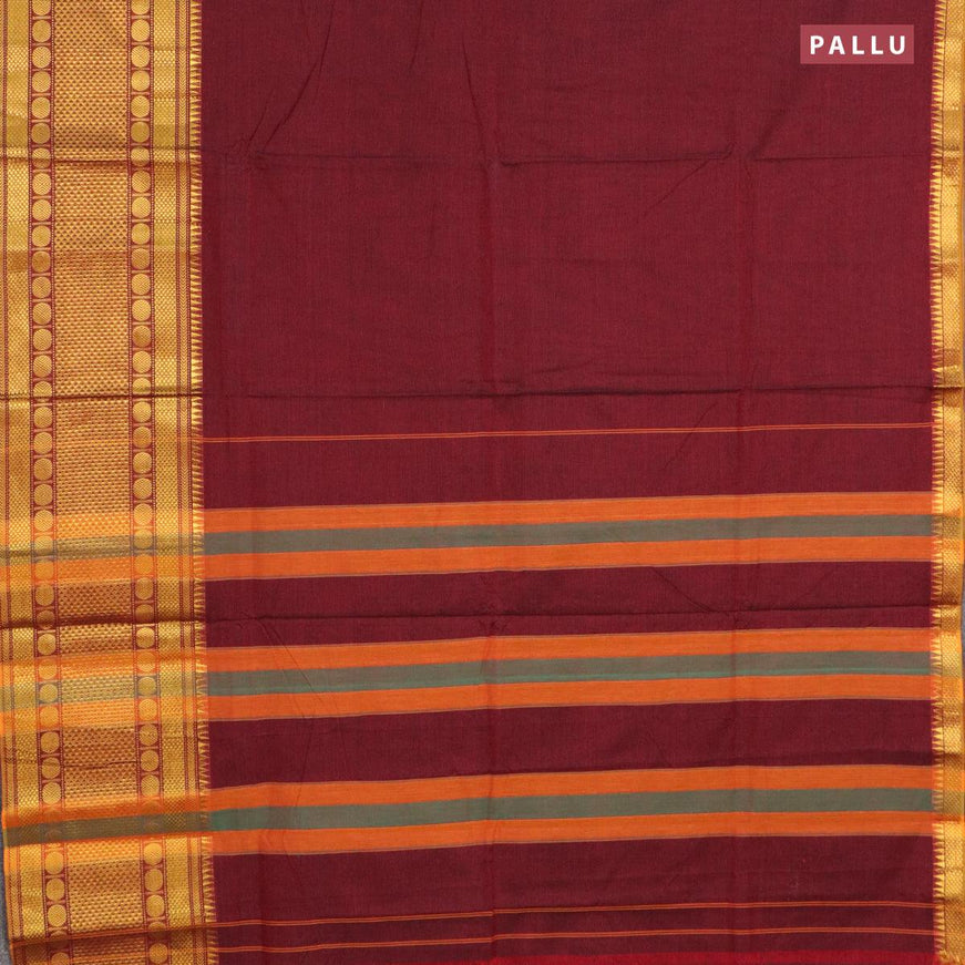 Narayanpet cotton saree maroon and mustard yellow with plain body and long zari woven border - {{ collection.title }} by Prashanti Sarees