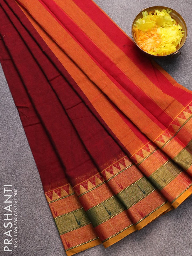 Narayanpet cotton saree maroon and mustard yellow with plain body and zari woven border - {{ collection.title }} by Prashanti Sarees