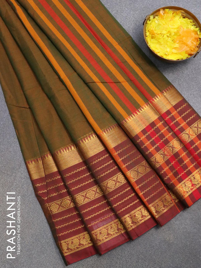 Narayanpet cotton saree mustard green and dual shade of maroon with plain body and long zari woven border - {{ collection.title }} by Prashanti Sarees