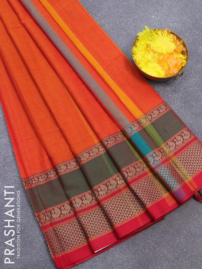 Narayanpet cotton saree orange and red with plain body and thread woven border - {{ collection.title }} by Prashanti Sarees