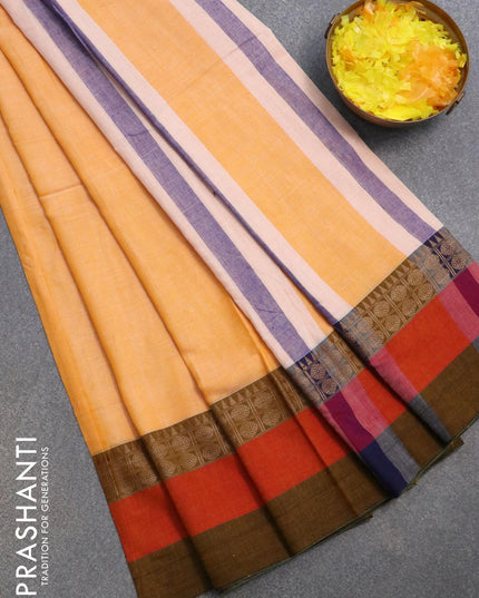 Narayanpet cotton saree pale orange and dark sap green with plain body and thread woven simple border - {{ collection.title }} by Prashanti Sarees