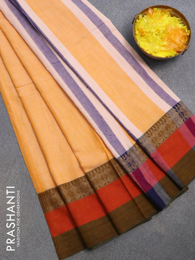 Narayanpet cotton saree pale orange and dark sap green with plain body and thread woven simple border - {{ collection.title }} by Prashanti Sarees