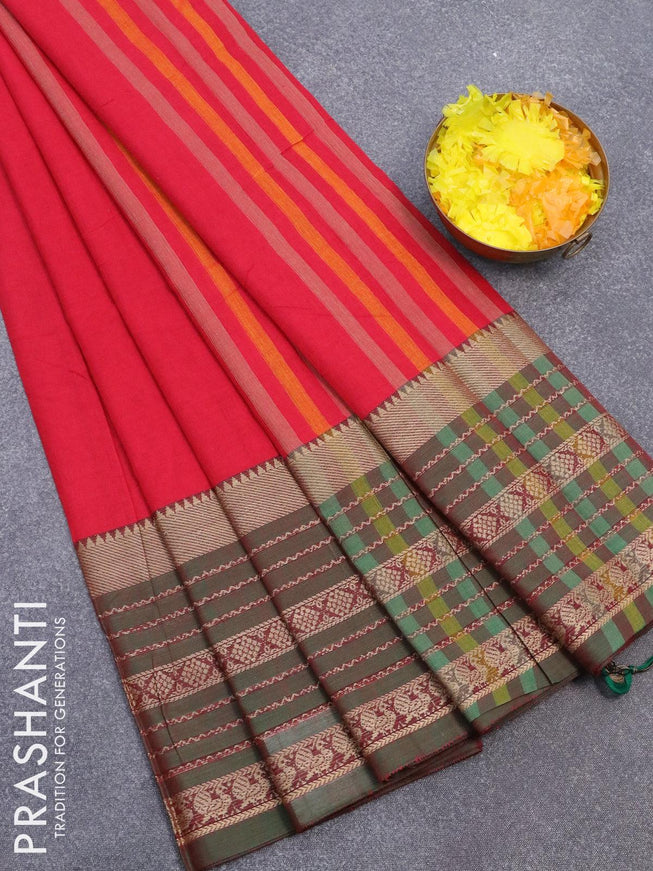 Narayanpet cotton saree red and dual shade of green with plain body and elephant design thread woven border - {{ collection.title }} by Prashanti Sarees