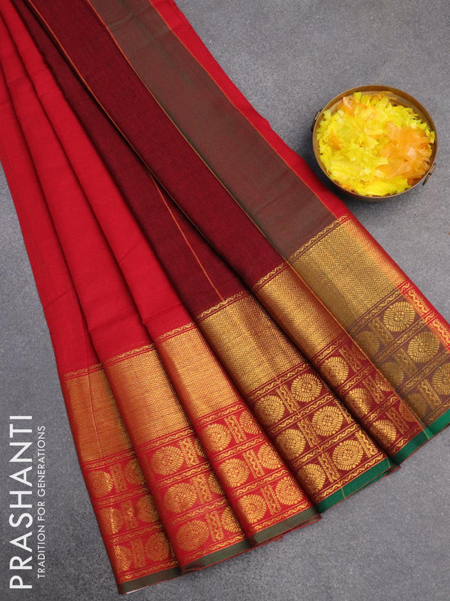 Narayanpet cotton saree red and dual shade of green with plain body and long zari woven border - {{ collection.title }} by Prashanti Sarees