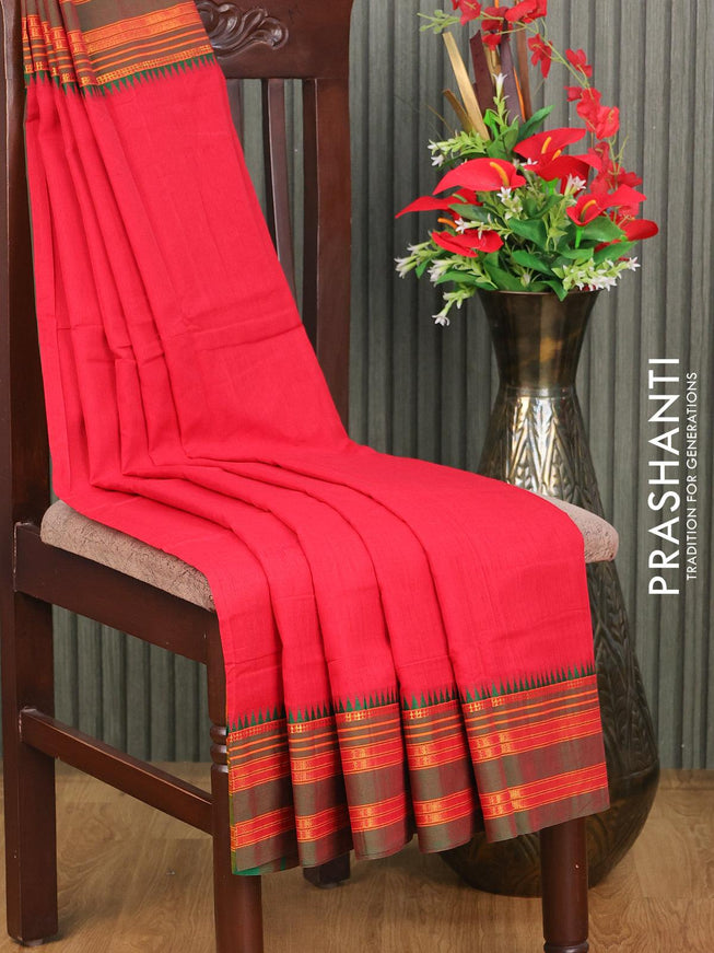 Narayanpet cotton saree red and dual shade of green with plain body and temple design rettapet zari woven border - {{ collection.title }} by Prashanti Sarees