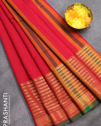 Narayanpet cotton saree red and green with plain body and long rudhraksha design zari woven border - {{ collection.title }} by Prashanti Sarees