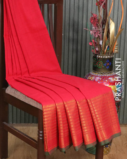 Narayanpet cotton saree red and green with plain body and long rudhraksha design zari woven border - {{ collection.title }} by Prashanti Sarees
