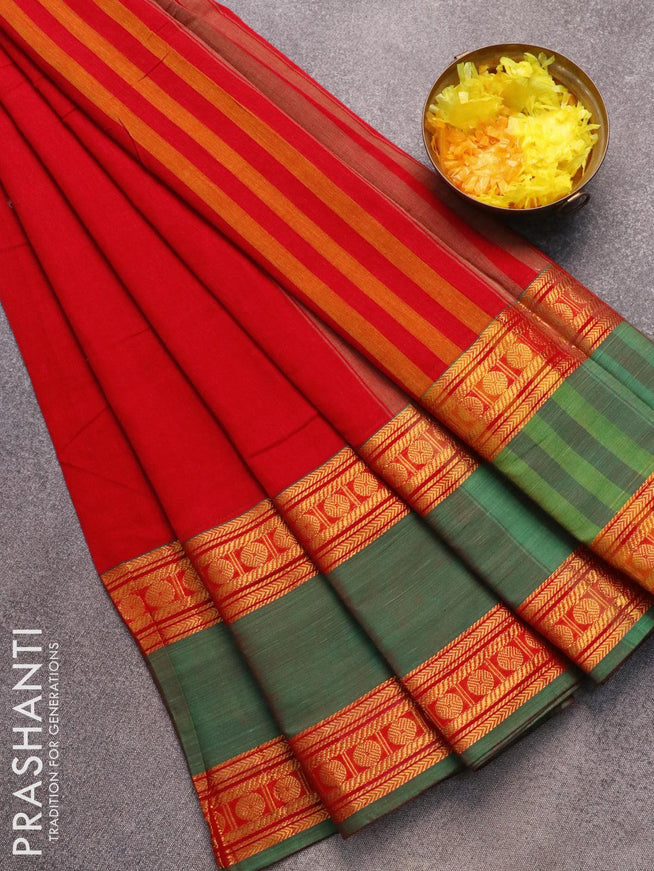 Narayanpet cotton saree red and green with plain body and rudhraksha zari woven rettapet border - {{ collection.title }} by Prashanti Sarees