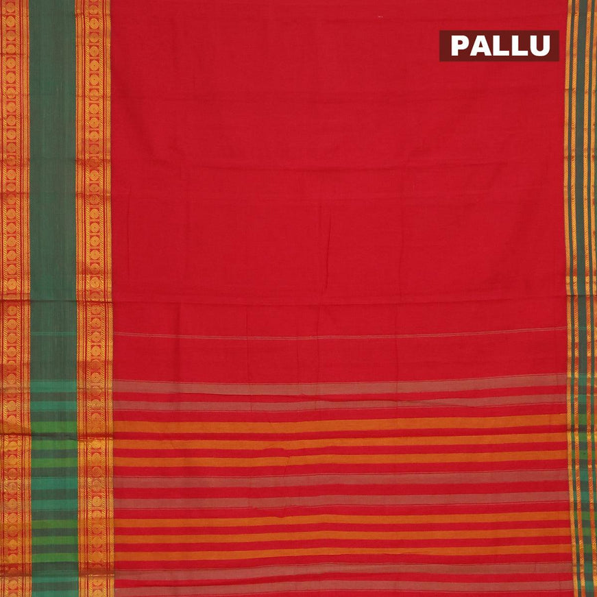 Narayanpet cotton saree red and green with plain body and rudhraksha zari woven rettapet border - {{ collection.title }} by Prashanti Sarees