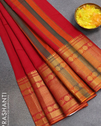 Narayanpet cotton saree red and mustard yellow with plain body and long zari woven border - {{ collection.title }} by Prashanti Sarees