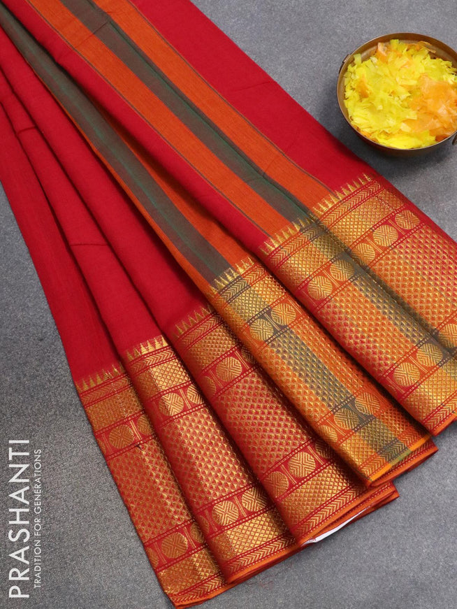 Narayanpet cotton saree red and mustard yellow with plain body and long zari woven border - {{ collection.title }} by Prashanti Sarees