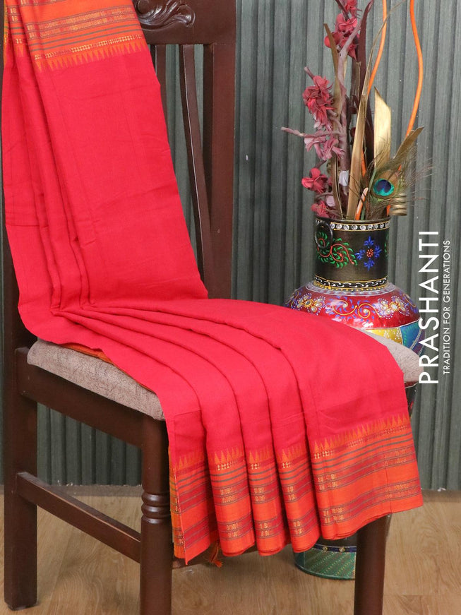 Narayanpet cotton saree red and mustard yellow with plain body and temple design rettapet zari woven border - {{ collection.title }} by Prashanti Sarees