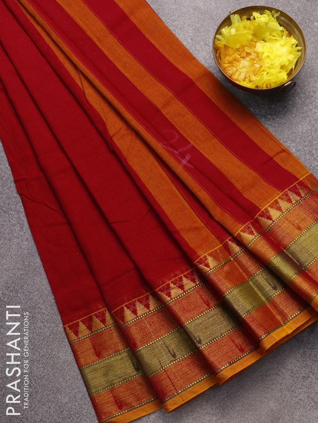 Narayanpet cotton saree red and mustard yellow with plain body and zari woven border - {{ collection.title }} by Prashanti Sarees