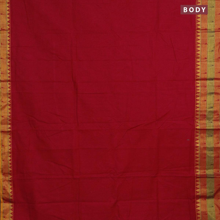 Narayanpet cotton saree red and mustard yellow with plain body and zari woven border - {{ collection.title }} by Prashanti Sarees