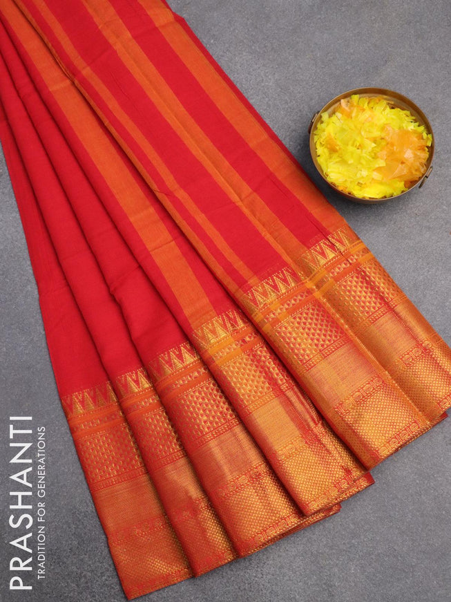 Narayanpet cotton saree red with plain body and long zari woven border - {{ collection.title }} by Prashanti Sarees
