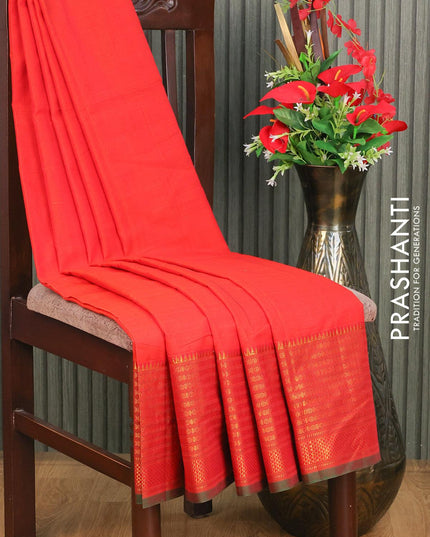 Narayanpet cotton saree sunset orange and green with plain body and long rudhraksha design zari woven border - {{ collection.title }} by Prashanti Sarees