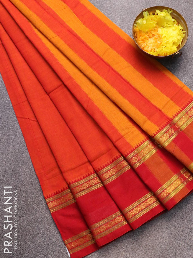 Narayanpet cotton saree sunset orange and red with plain body and rettapet zari woven ganga jamuna border - {{ collection.title }} by Prashanti Sarees