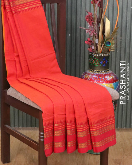 Narayanpet cotton saree sunset orange and red with plain body and temple design rettapet zari woven border - {{ collection.title }} by Prashanti Sarees