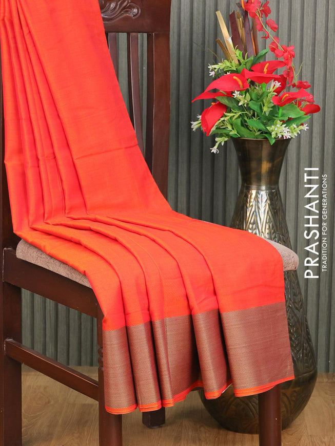 Narayanpet cotton saree sunset orange with plain body and thread woven border - {{ collection.title }} by Prashanti Sarees