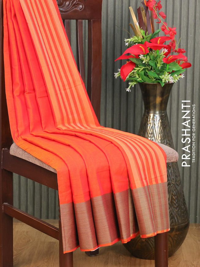 Narayanpet cotton saree sunset orange with plain body and thread woven border - {{ collection.title }} by Prashanti Sarees