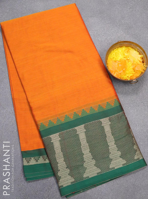 Narayanpet cotton saree yellow and green with plain body and long thread woven border - {{ collection.title }} by Prashanti Sarees