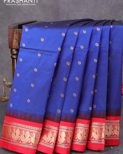 Narayanpet silk saree blue and red with annam zari woven buttas and temple design annam zari woven border - {{ collection.title }} by Prashanti Sarees