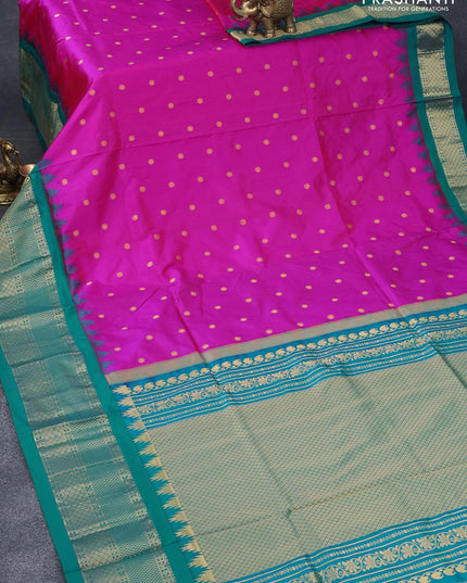 Narayanpet silk saree candy pink and teal blue with allover zari woven buttas and temple design zari woven border - {{ collection.title }} by Prashanti Sarees
