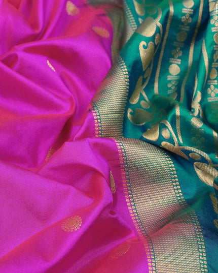 Narayanpet silk saree candy pink and teal blue with allover zari woven buttas and temple design zari woven border - {{ collection.title }} by Prashanti Sarees