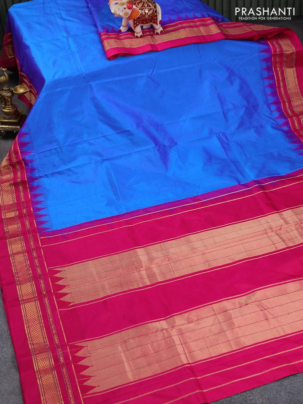 Narayanpet silk saree cs blue and pink with plain body and temple design zari woven border - {{ collection.title }} by Prashanti Sarees