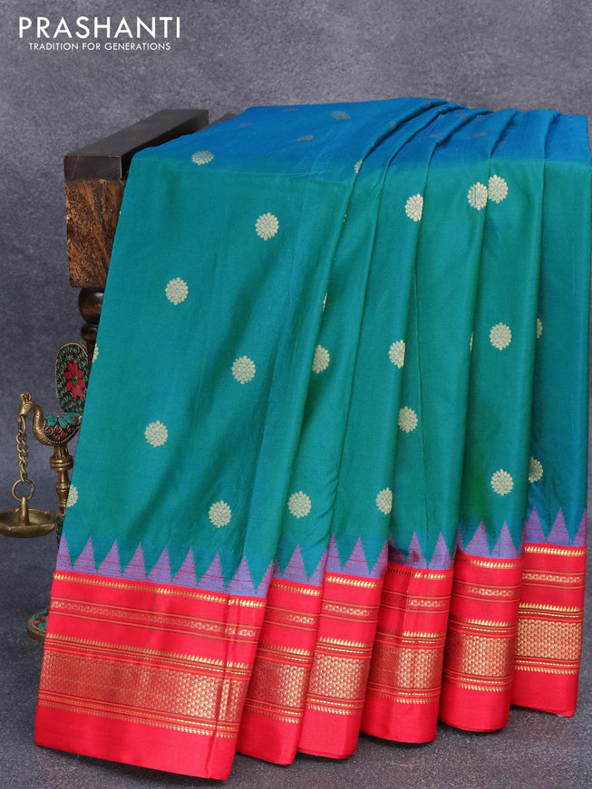 Narayanpet silk saree dual shade of bluish green and red with allover zari woven buttas and temple design annam zari woven border - {{ collection.title }} by Prashanti Sarees