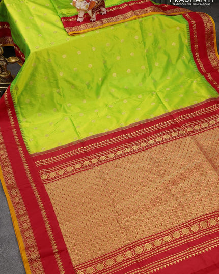 Narayanpet silk saree fluorescent green and red with allover floral zari woven buttas and zari woven floral border - {{ collection.title }} by Prashanti Sarees
