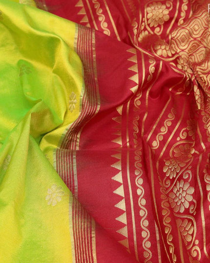 Narayanpet silk saree fluorescent green and red with allover floral zari woven buttas and zari woven floral border - {{ collection.title }} by Prashanti Sarees