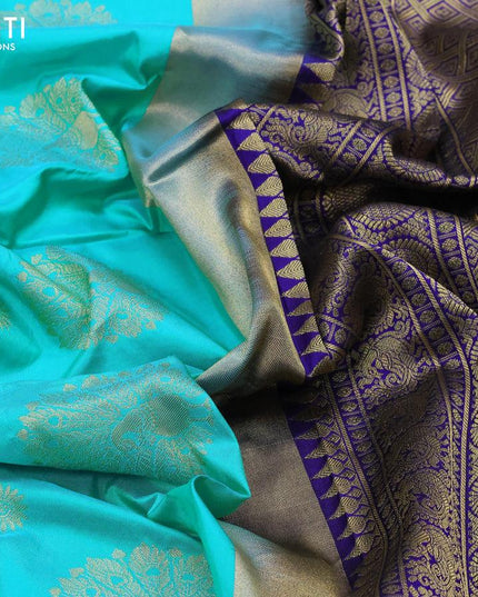 Narayanpet silk saree light blue and blue with zari woven buttas and temple design zari woven border - {{ collection.title }} by Prashanti Sarees