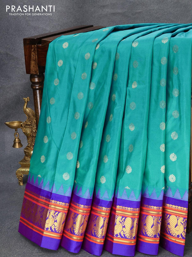 Narayanpet silk saree light blue and blue with zari woven floral buttas and temple design annam zari woven border - {{ collection.title }} by Prashanti Sarees