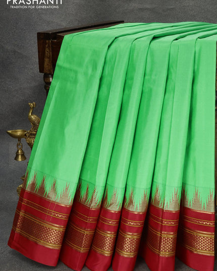 Narayanpet silk saree light green and red with plain body and temple design zari woven border - {{ collection.title }} by Prashanti Sarees