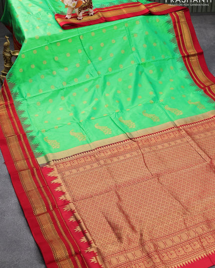 Narayanpet silk saree light green and red with zari woven buttas and temple design zari woven border - {{ collection.title }} by Prashanti Sarees