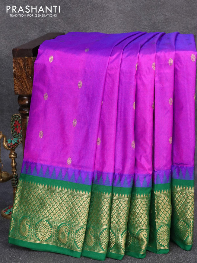 Narayanpet silk saree purple and green with allover zari woven buttas and temple design zari woven border - {{ collection.title }} by Prashanti Sarees