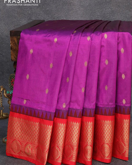 Narayanpet silk saree purple and red with allover zari woven buttas and temple design zari woven border - {{ collection.title }} by Prashanti Sarees