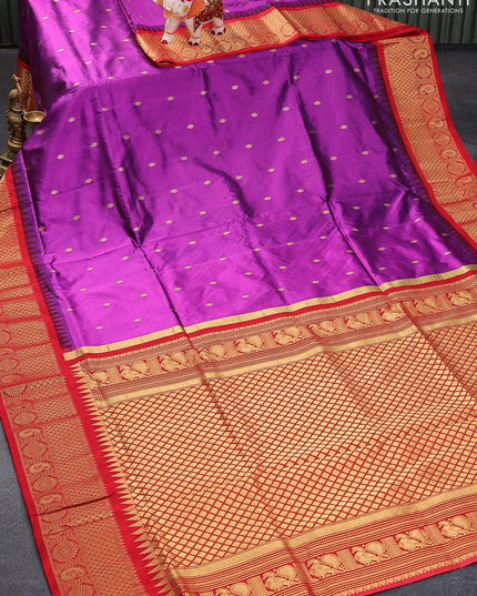 Narayanpet silk saree purple and red with allover zari woven buttas and temple design zari woven border - {{ collection.title }} by Prashanti Sarees