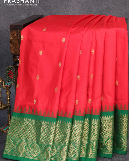 Narayanpet silk saree red and green with allover zari woven buttas and temple design zari woven border - {{ collection.title }} by Prashanti Sarees