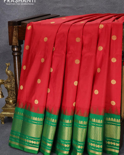 Narayanpet silk saree red and green with zari woven floral buttas and zari woven border - {{ collection.title }} by Prashanti Sarees
