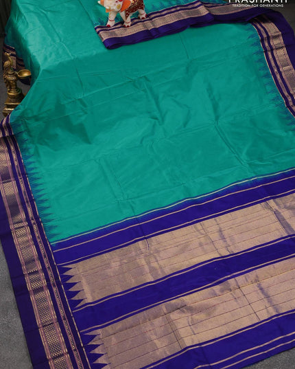 Narayanpet silk saree teal blue and blue with plain body and temple design zari woven border - {{ collection.title }} by Prashanti Sarees