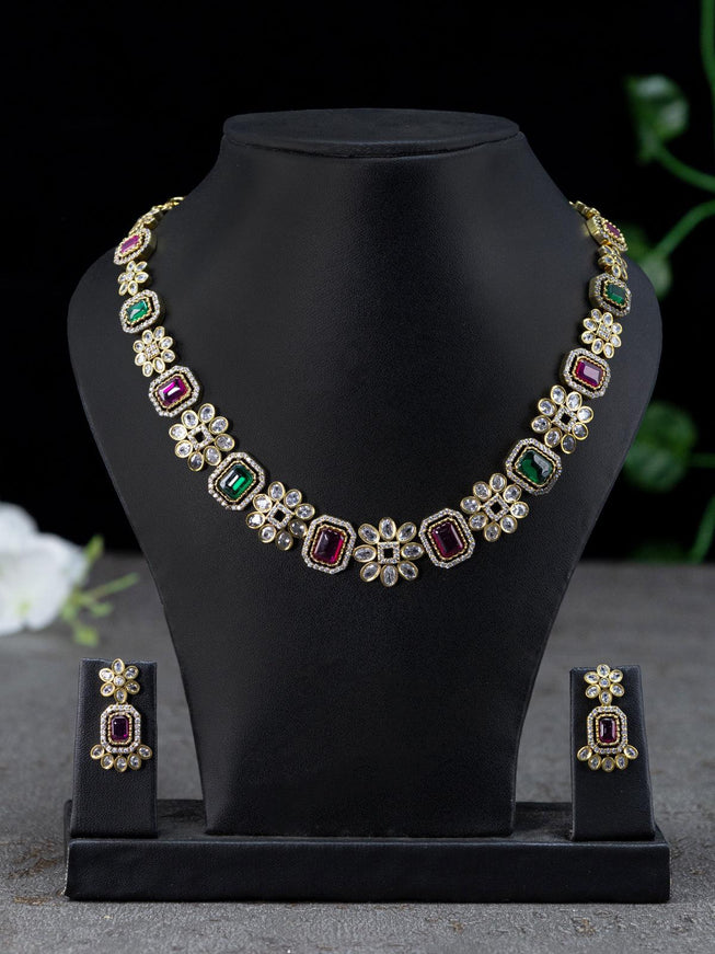 Necklace floral design with kemp and cz stones in victorian finish - {{ collection.title }} by Prashanti Sarees