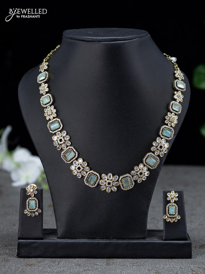 Necklace floral design with mint green and cz stones in victorian finish - {{ collection.title }} by Prashanti Sarees