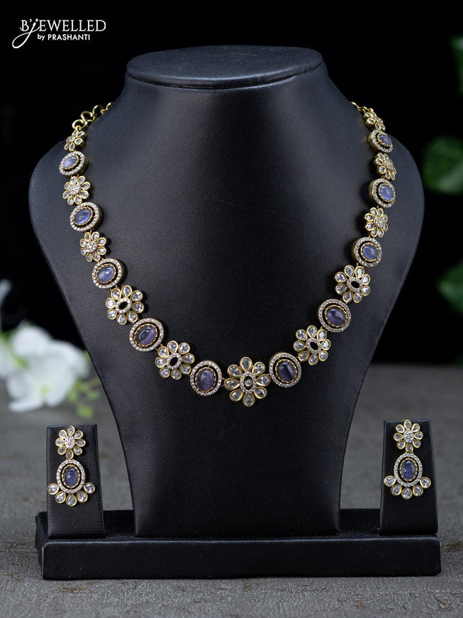 Necklace floral design with purple and cz stones in victorian finish - {{ collection.title }} by Prashanti Sarees