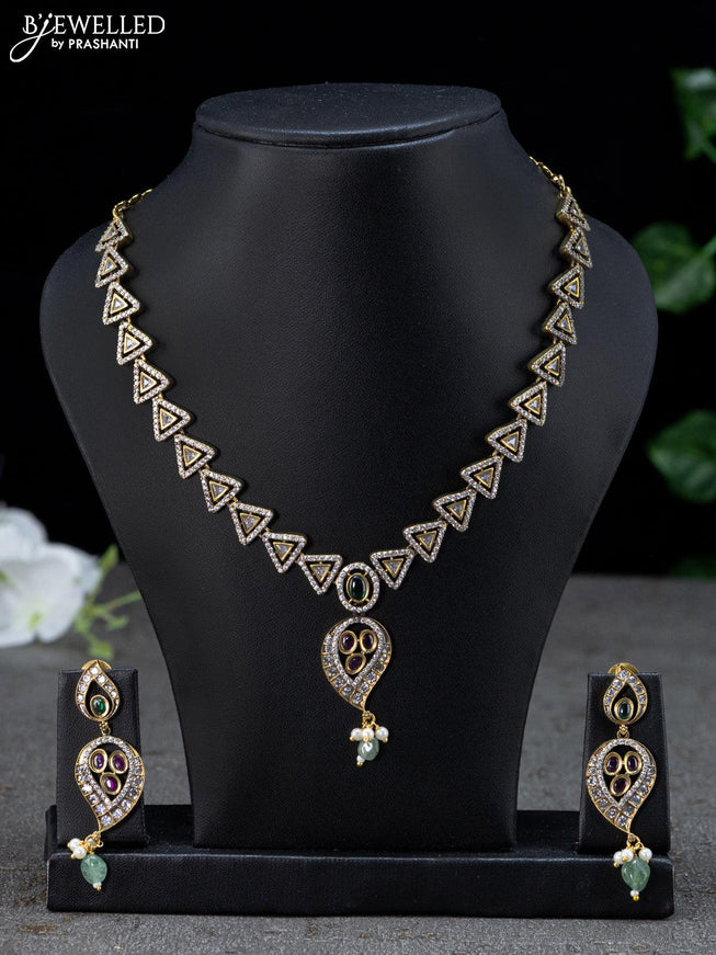 Necklace kemp and cz stones with beads hangings in victorian finish - {{ collection.title }} by Prashanti Sarees
