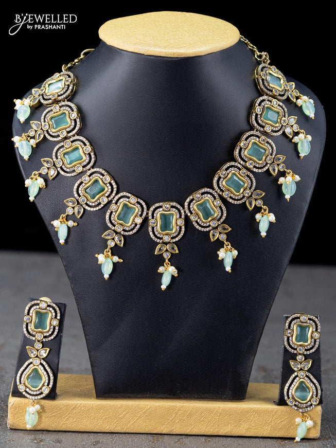 Necklace mint green and cz stones with mint green beads hangings in victorian finish - {{ collection.title }} by Prashanti Sarees