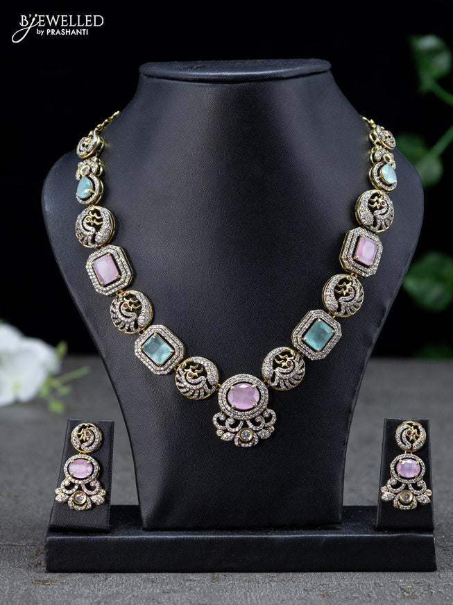 Necklace peacock design with baby pink and mint green and cz stones in victorian finish - {{ collection.title }} by Prashanti Sarees
