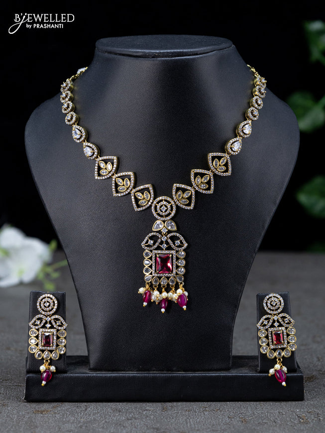 Necklace ruby and cz stones with beads hangings in victorian finish - {{ collection.title }} by Prashanti Sarees
